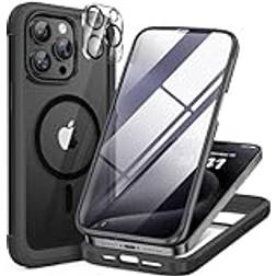 Miracase Fodral iPhone 15 Pro Max Serie Glas [Kompatibel med MagSafe] 360° Stötfångare Fodral för iPhone 15 Pro Max, med 9H härdat glas och kameraskydd, svart